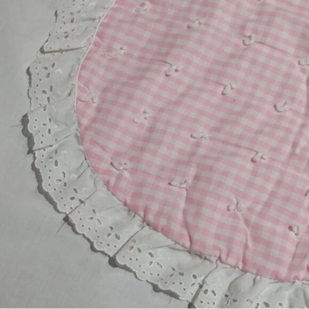 Vintage 80s Care Bears Cheer Bear Applique Pink Gingham Lace Trim Baby Blanket - Picture 3 of 5